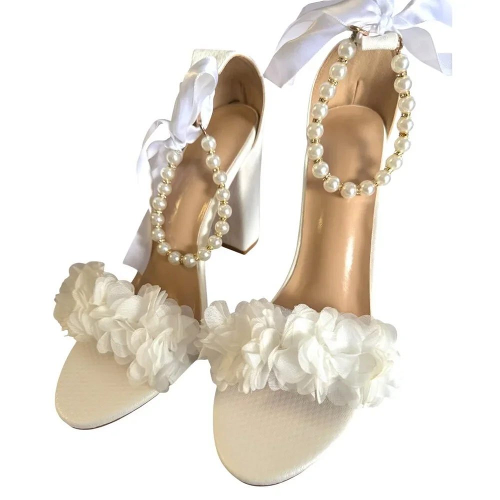 Bride Wedding‎ Block Heel Sandals With Pearl & Ribbon Details Size EU 41 NWB